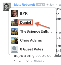 Display names appear in a pop-up to show who upvoted a comment